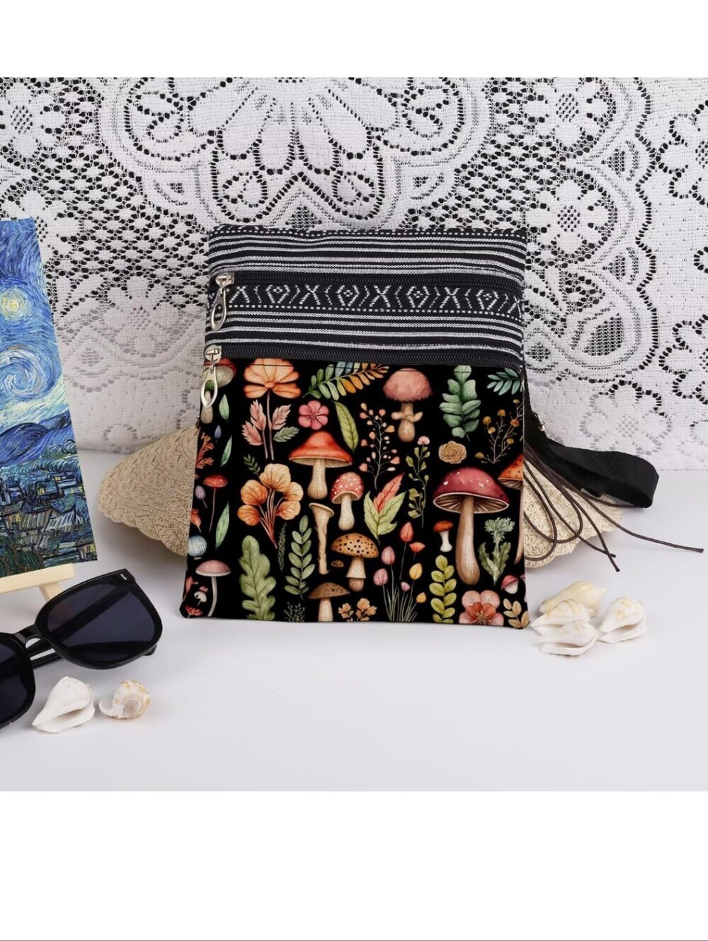 Black Mushroom & Floral Crossbody Bag